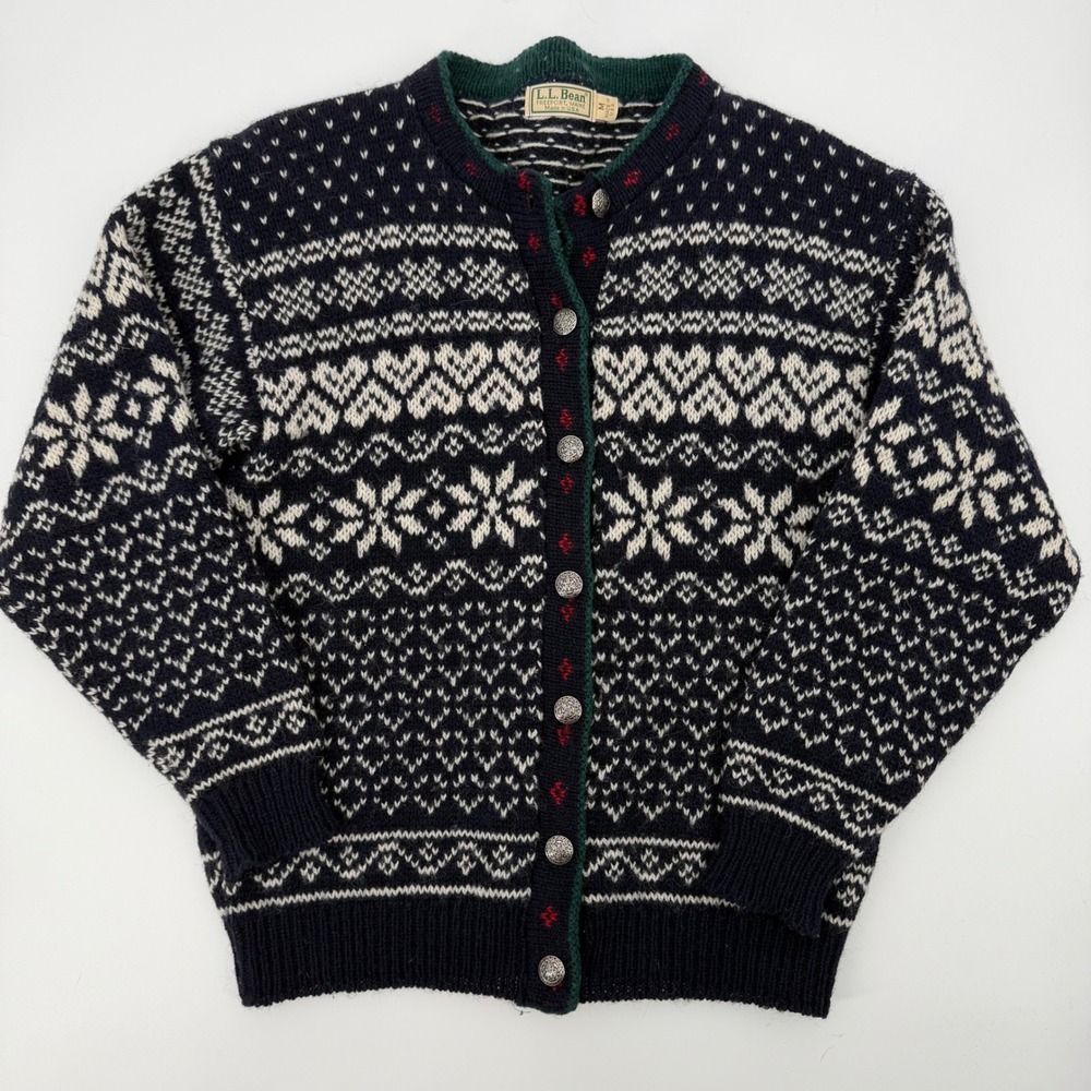 Vintage LL Bean Nordic Fair Isle Wool Cardigan Snowflake Sweater USA M